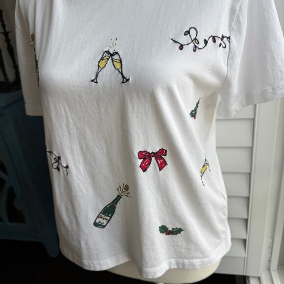 J. CREW Embroidered Party Tee Womens Small White Embellished Cheers Holiday Boxy - Picture 9 of 14